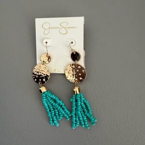 Jessica Simpson Gold Discs with Turquoise Beaded Tassels Earrings